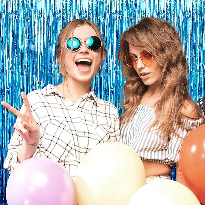 3 Pack Lake Blue Foil Fringe Curtain Backdrop, 3.28Ft x 6.6Ft Metallic Tinsel Foil Fringe Streamer Curtains for Photo Booth, Christmas Day, Thanksgiving, Wedding, New Year Party Decorations