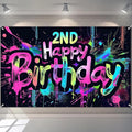 Neon 2nd Happy Birthday Party Banner 71x43 Inch Paint Splatter Backdrop Colorful Wall Decorations for Kids Boys Girls Second Birthday Photo Booth Background Event Decor Supplies