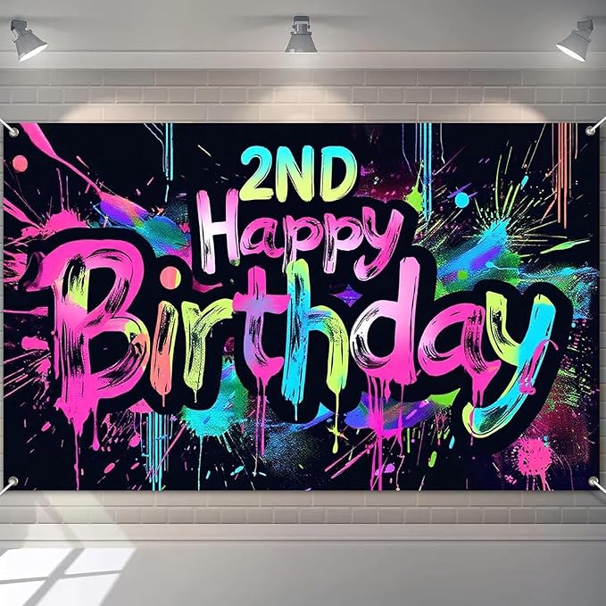 Neon 2nd Happy Birthday Party Banner 71x43 Inch Paint Splatter Backdrop Colorful Wall Decorations for Kids Boys Girls Second Birthday Photo Booth Background Event Decor Supplies