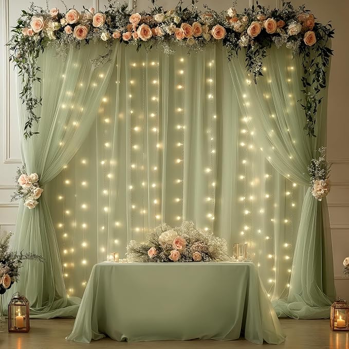 10x10FT Green Wrinkle Free Backdrop Curtains with Lights String for Parties - Photo Curtain Backdrop with Lights for Wedding Decorations, Bridal Baby Shower Birthday Party Photography Background