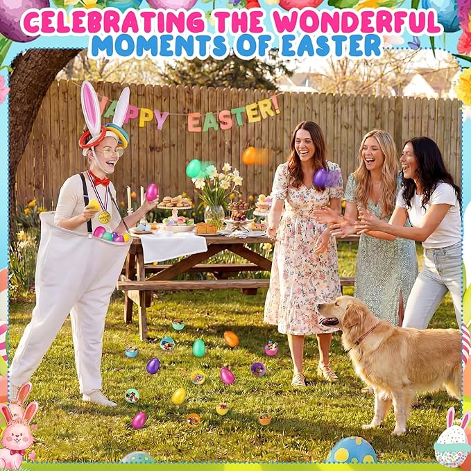 Vinsot 16 Pcs Easter Granny Pants Yard Game Set Oversized Granny Pants with Colorful Easter Eggs, Bowtie, Bunny Ears and Tail, Outdoor Tossing Game Bunny Suit for Spring
