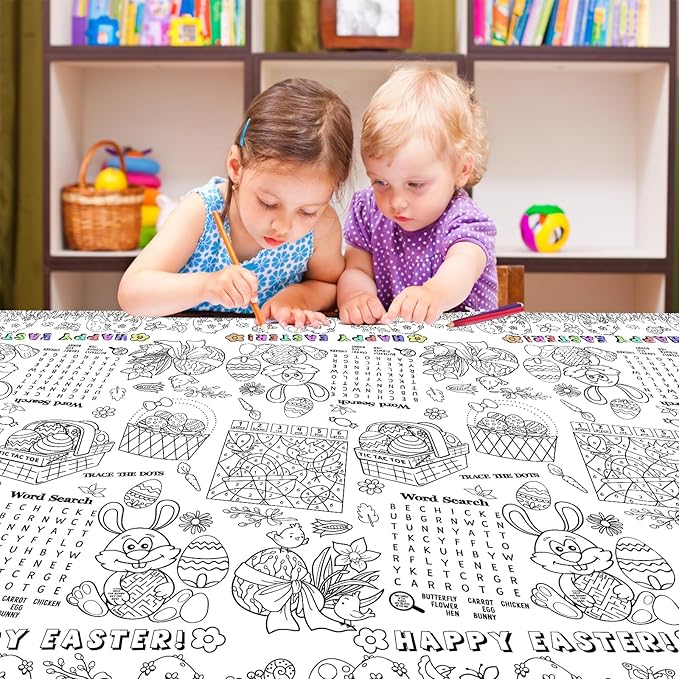 1 Pack Happy Easter Coloring Tablecloth for Kids - Giant Easter Color-in Paper Poster, Rectangle Easter Bunny Activity Coloring Table Cloth for Spring Easters Party Decorations Favors, 54 x 108 Inch