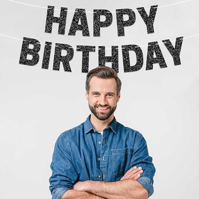 Pre-strung Happy Birthday Banner - No DIY - Black Glitter Birthday Party Banner - Pre-strung Garland on 8 ft Strands - Black Bday Party Decorations & Decor for Men & Women. Did We Mention No DIY