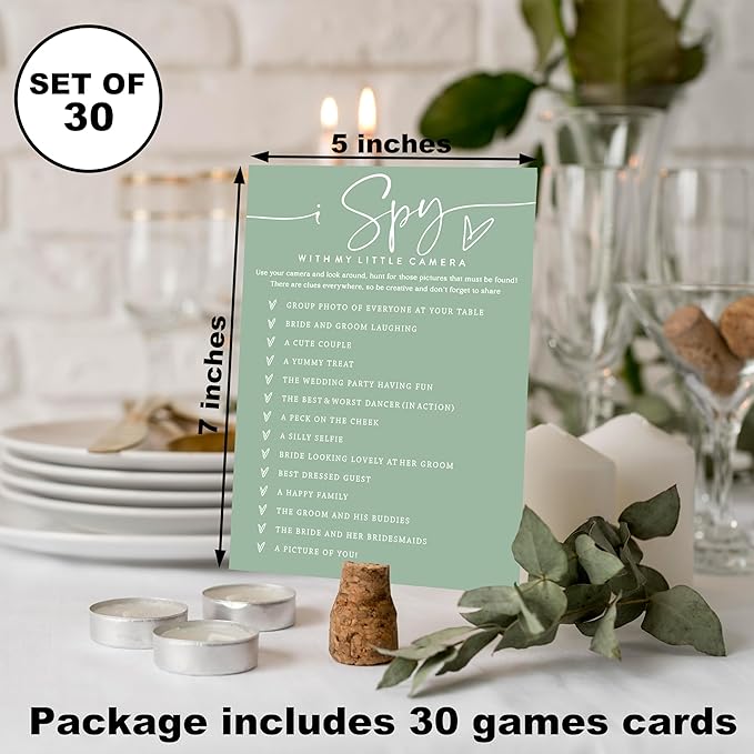 I Spy Wedding Reception Cards, Sea Green Bridal Shower Games, 30 Elegant Wedding Game for Bachelorette Engagement Party Supplies Favors - A04