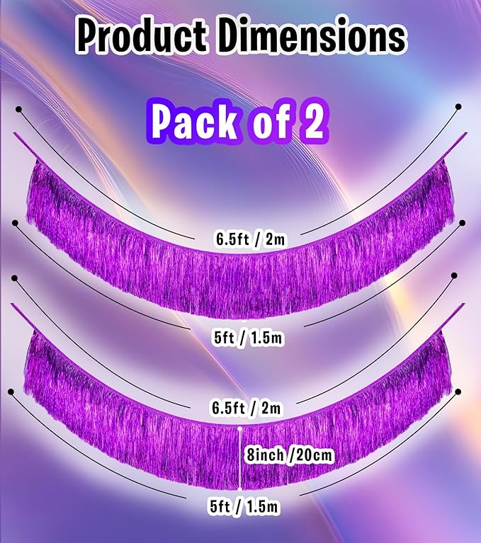 2 Pack Delicate Purple Fringe Streamer Banner for Party Decoration, Premium Thick Metallic Foil Tinsel Tassel Garland for Birthday Wedding Christmas Holiday Home Hanging Decor