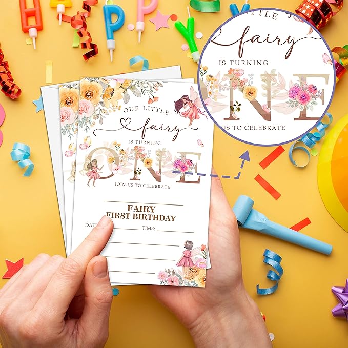 Fairy 1st Birthday Party Invitation, Garden Fairy Themed Fill-In Invites, 20 Floral Invitations With Envelopes for Women (4" X 6"), Adults Butterfly Party Favors Decorations and Supplies -56