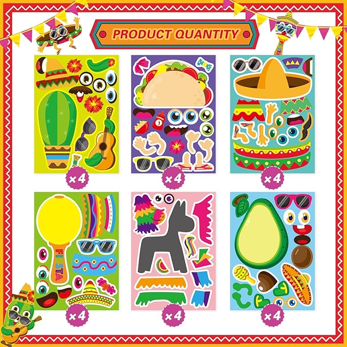 24 Sheets Make Your Own Mexican Carnival Stickers, Mexican Food Sticker, Cinco De Mayo Sticker, Avocado Cactus Guitar Stickers, Carnival Themed Party Supplies