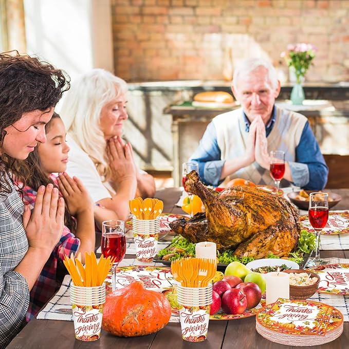 175 Pcs Thanksgiving Tableware Set - Serves 25, Harvest-Themed Disposable Plates, Cups, Napkins, Plastic Forks, Spoons, Knives for Thanksgiving Day Dinner, Fall Party Supplies, Autumn Gatherings