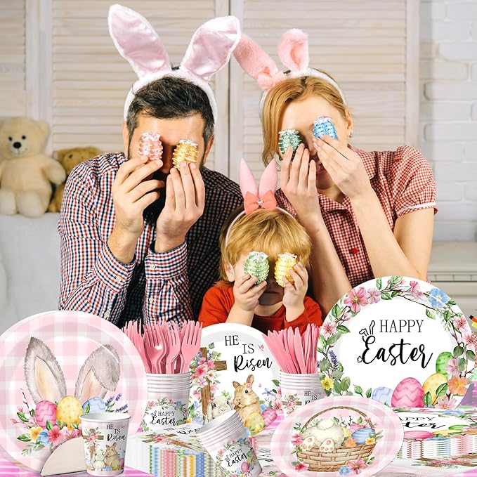 He Is Risen Easter Decoration He is Risen Bunny Eggs Cross Tableware Pink Cute Rabbit Floral Farmhouse Disposable Paper Plates Napkins Cups Forks and Knives for Spring Home Party Decor,Serve 24