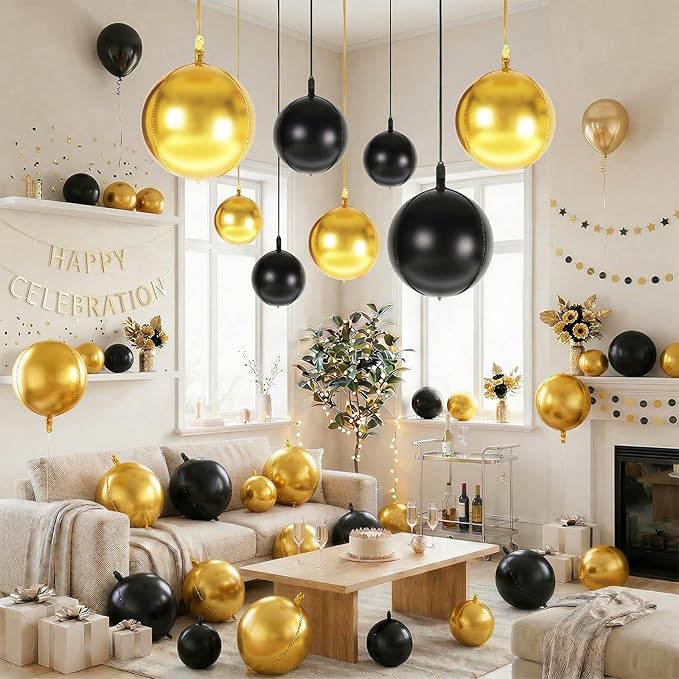 Togvu Black Gold Round Foil Balloons, 16PCS Different Sizes 4D Metallic Balloon Large Sphere Mirror Ball Balloons for Prom Graduation New Year Retirement Birthday Party Ceiling Decorations Supplies