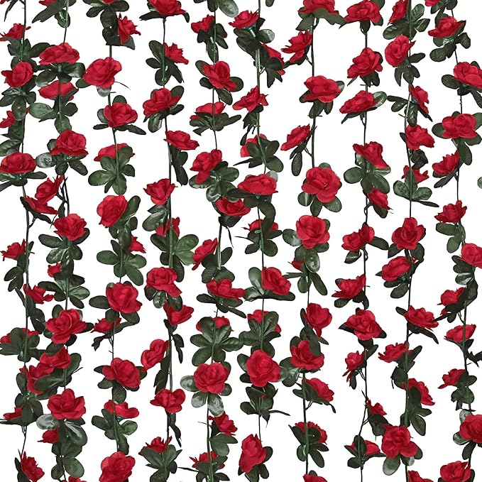MARTINE MALL Rose Flower Garland, 5 Strands 41Ft Vines for Room Decor, Red Rose Floral Garland for Birthday, Wedding & Party