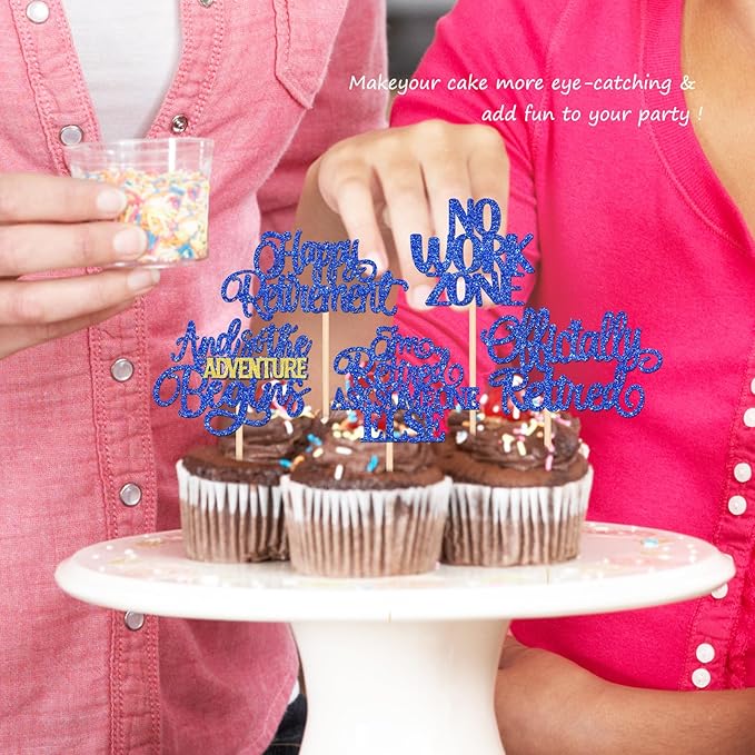 30 PCS Happy Retirement Cupcake Toppers Officially Retired Cake Toppers No Work Zone Adventure Begins Cupcake Picks for Retirement Theme Farewell Birthday Party Decorations Supplies Dark Blue
