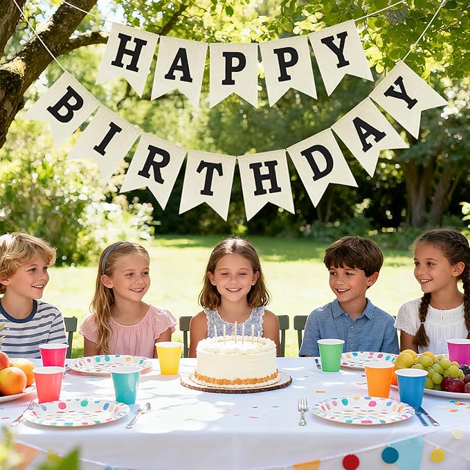 Anwyll Happy Birthday Banner - NO DIY Burlap Happy Birthday Banner Sign Happy Birthdays Party Decoration Happy Birthdays Banners Bunting for Women Men Girl Boy Celebration Party Backdrops (Black)