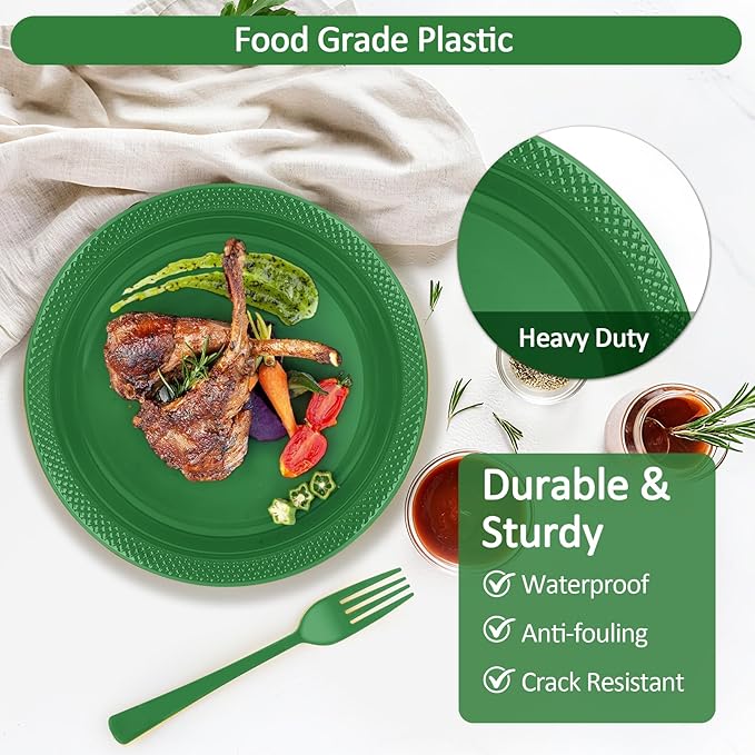 Disposable Green Plastic Plates for Party, 9'' Green Party Plates and Cups and Napkins Set for 50 Guests, Party Supplies Dinnerware for Birthday,Wedding, Christmas, BBQ