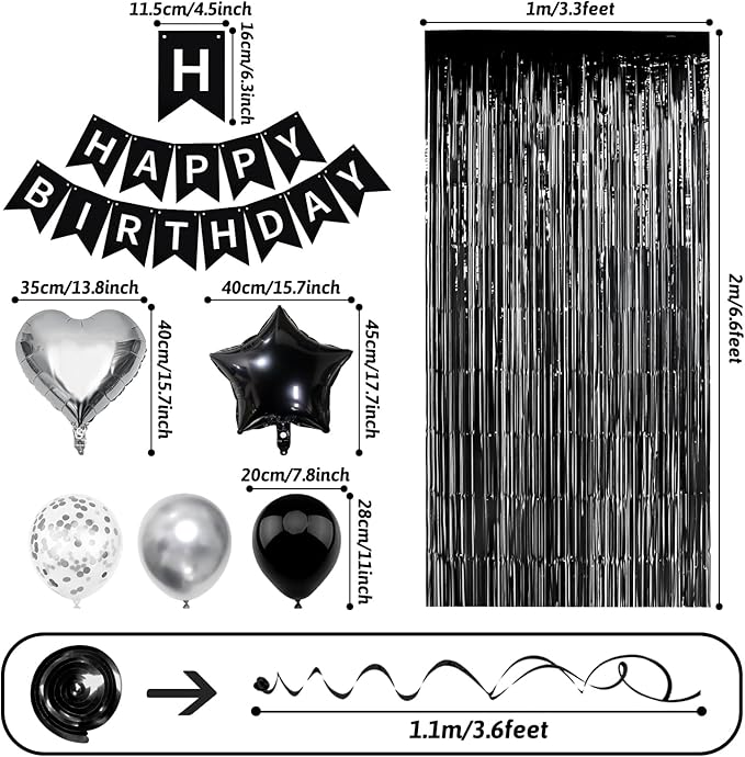Black White Birthday Decorations, Bday Party Supplies for Women Men with Happy Birthday Banner, Confetti Balloons, Fringe Curtain, Heart Star Foil Balloons, Hanging Swirls