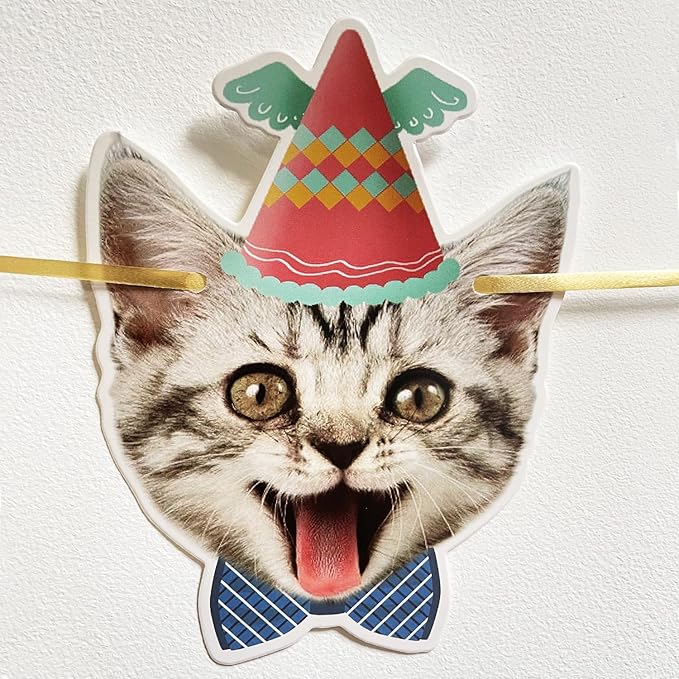 Happy Birthday Cat Banner Garland Funny Decor Cat Face Bday Party Bunting Decorations Gold Sign