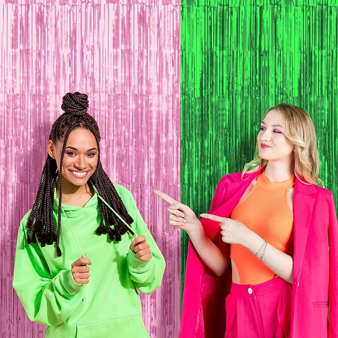 4 Pack 3.3Ft x 6.6Ft Pink and Green Foil Fringe Curtain Backdrop Decorations, Witch Metallic Tinsel Foil Streamers Curtain Photo Booth Background for Witch Wedding Birthday Party Decorations