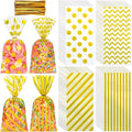 Aodaer 100 Pieces 10.6 x 5.1 In Gold Cellophane Bags Plastic Candy Bag Cellophane Treat Bags Polka Dot Stripes Printed Pattern Goodie Gift Bag with Twist Ties for Birthday, Baby Showers, Weddings Party Supplies