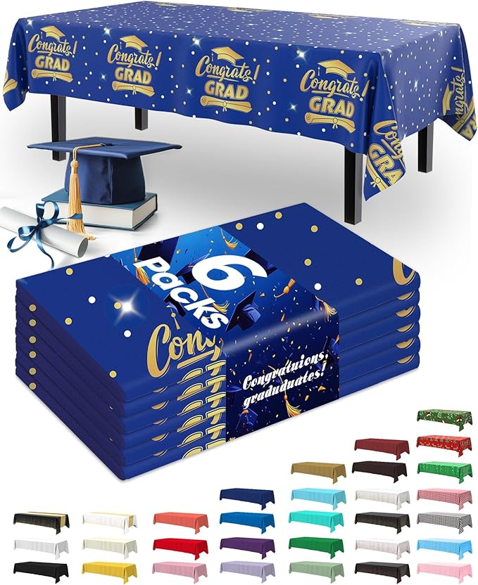 Pureegg Graduation Decorations 2026 Plastic Tablecloth Disposable 6 Pack, Class of 2026 Table Cover 54 x 108 Inch, Rectangle White Plastic Table Cloth for Party, Picnic, Graduation Blue