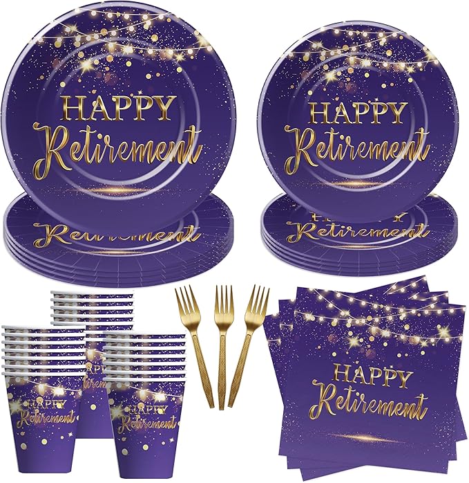 Xigejob Retirement Decorations Paper Plates And Napkins Party Tableware Women - Purple Happy Retirement Party Decorations Supplies, Plate, Cup, Napkin, Fork | Serves 24