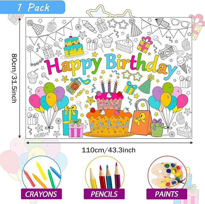 ZOIIWA Happy Birthday Coloring Poster for Kids Giant Coloring Sheet Classroom Large Big Birthday Tablecloth for Wall Jumbo Page Books Party Game Crafts Activity Supplies Decoration Favor