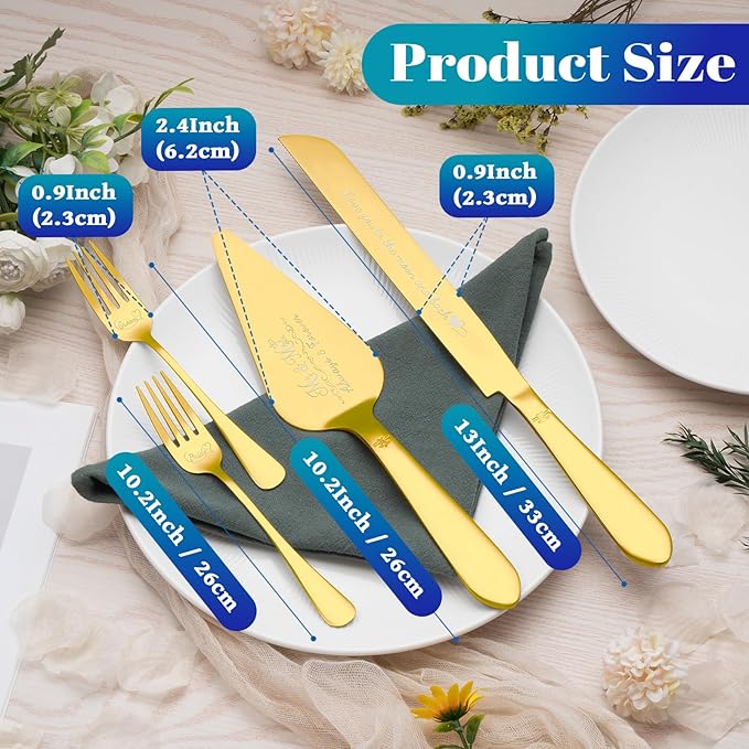 Cake Cutting Set for Wedding, Elegant Cake Knife and Server Set with Stainless Steel Forks, Cake Cutter and Pie Spatula for Engagements, Anniversary, Bride and Groom, 4Pcs, Gold