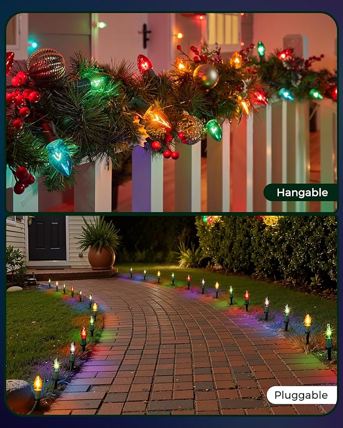 Christmas Pathway Lights Outdoor, 102.8 Ft Driveway Christmas Lights with 80 Multicolor Bulbs and Stakes, Connectable Outdoor Decorations Yard Walkway Sidewalk Holiday, Multicolor