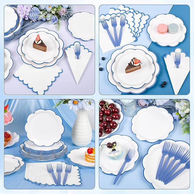 96 Pcs Blue and White Paper Plates and Napkins Set, Tableware set for 24 Guest include White Dessert Plates with Blue Scalloped Edge, Napkins and Forks for Baby Boy Shower, Bridal Shower, Wedding