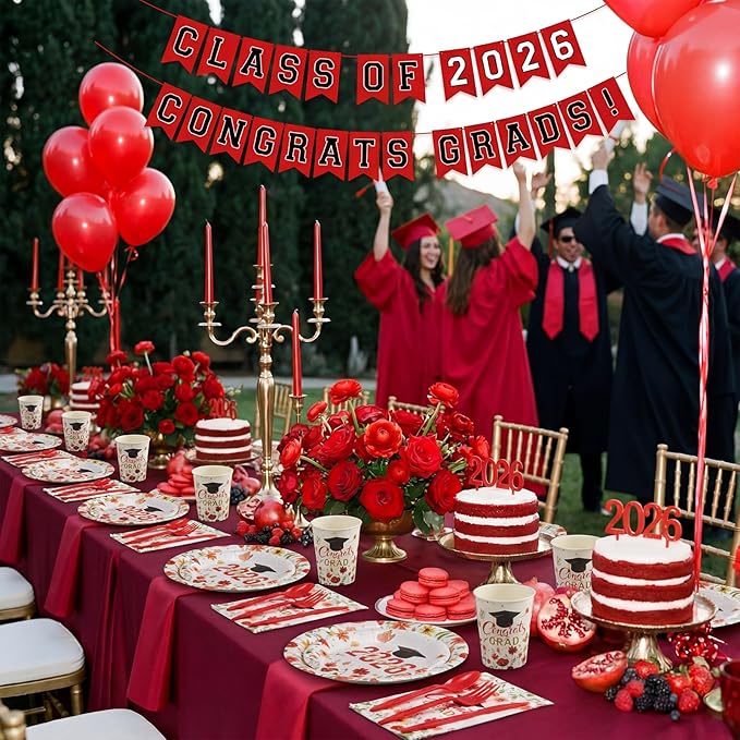 400 Pcs Class of 2026 Red Floral Graduation Decorations for 50 Guests, Red Gold Flower Graduation Paper Plates Napkins and Cups Cutlery Grad Tableware for 2026 Congrats Grad Party Supply