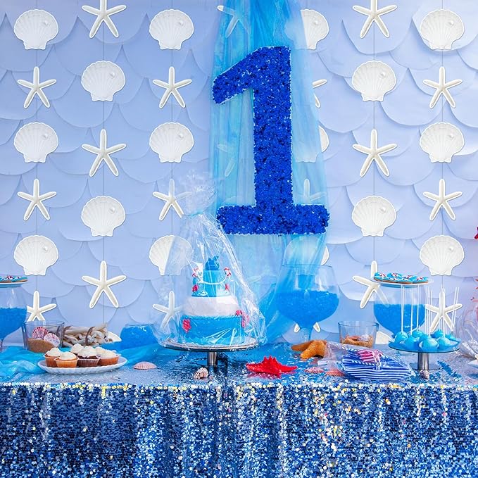 Xinnun Coastal Party Decorations White Finger Starfish and Seashell Garland Ocean Nautical Theme Cutouts Ribbon Streamers for Under The Sea Beach Mermaid Birthday Beach Wedding Decor