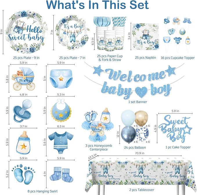 cocomigo 213PCS Blue Baby Boy Shower Decorations Tableware Set, 25 Serves Disposable Plates and Napkins Set, with Cake Topper, Centerpieces, Banner, Tablecloth, for Baby Boy Baby Shower Decorations