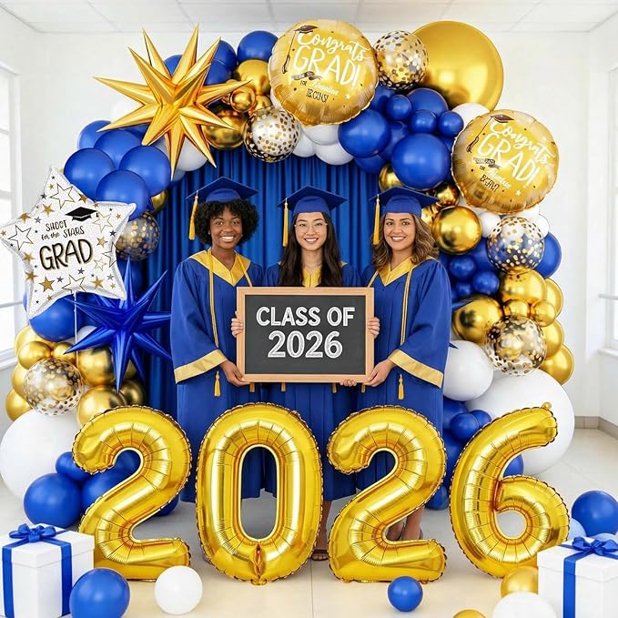 Graduation Balloons Garland Arch Kit, Graduation Balloons Class of 2026, Navy Blue and Gold White Latex Balloon with Foil Balloon for Class of 2026 Party Decor