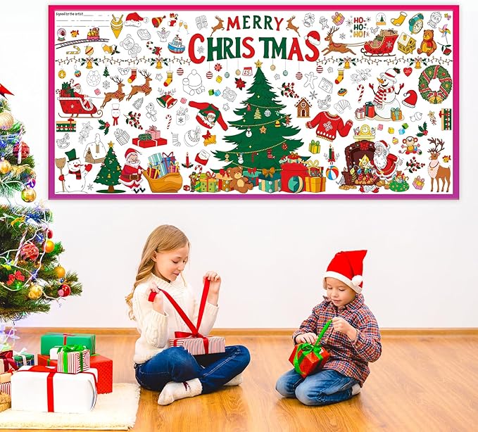 AinDen Giant Christmas Coloring Poster Tablecloth for Kids, 30×72 Jumbo Holiday Coloring Banner, Xmas Crafts & Activities for Parties, Classrooms, Kids Gifts