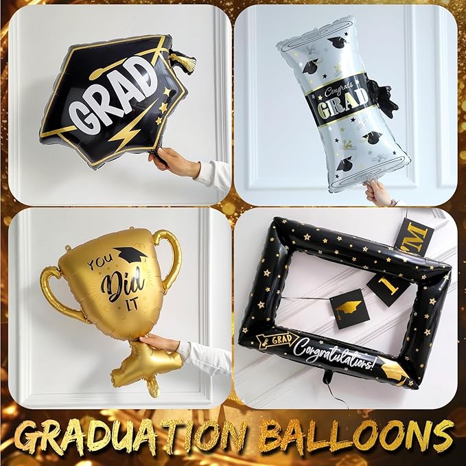 135Pcs Black Gold White Graduation Balloon Garland Arch Kit,with Explosion Star,Diploma,Trophy,Grad Hat,Photo Frame Foil Balloons for Congrats Class of 2025 Graduates Celebrations Party Decoration
