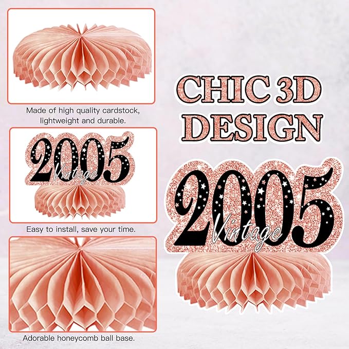 9Pcs Rose Gold Pink 21st Birthday Decorations Honeycomb Centerpieces for Girls,Happy 21st Birthday Centerpieces Tables Toppers Party Decorations Supplies,Vintage 2005 Aged Table Sign Decor
