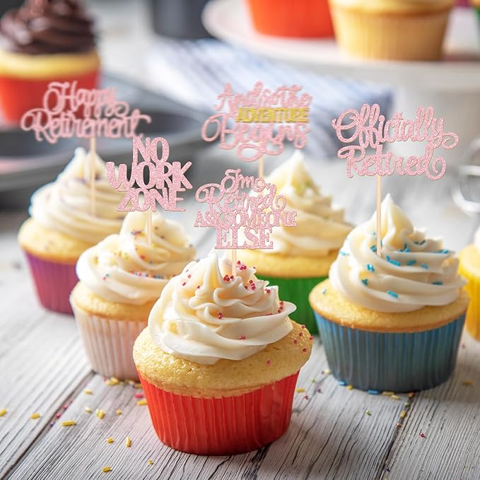 30 PCS Happy Retirement Cupcake Toppers Officially Retired Cupcake Picks No Work Zone Adventure Begins Cake Decorations for Retirement Theme Farewell Birthday Party Decor Supplies Pink