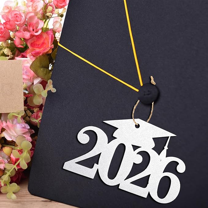Chinco 24 Pcs 2026 Graduation Decorations Class of 2026 Graduation Centerpieces for Table Glitter Cutouts Grad Cap Tags Double Side Sparkling Glitter Confetti Party Decor for Vase Mason Jar (Silver)