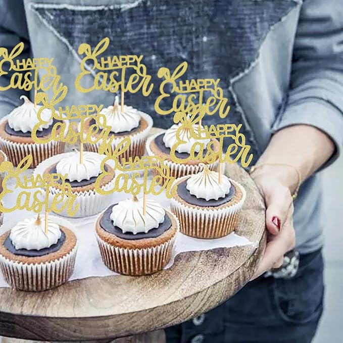 Ercadio 36Pcs Glitter Golden Happy Easter Cupcake Toppers Rabbit Happy Easter Bunny Cupcake Picks for Easter Day Theme Baby Shower Easter Birthday Wedding Anniversary Party Cupcake Decorations