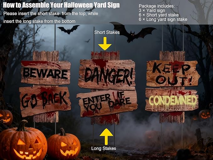 Halloween Decorations, 3 Pack 19" x 16" Yard Signs Stakes Props Outdoor Decor Scary Zombie Vampire Graves Holiday Party Supplies