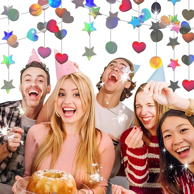 Iridescent Dot Heart Star Streamers 19.8 Feet Paper Garlands Glitter Disco Garland Hanging Banner for Birthday Homecoming Classroom Mothers Day Wedding Engagement Birthday Party Supplies