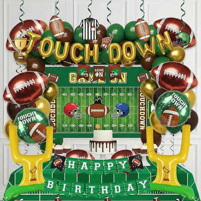 Football Party Decorations Kit & Green Brown Gold Balloons & Goal Post Touchdown Foil Balloons & Banner Backdrop for Boys & Men Sports Theme Major Tailgating Season Celebration Supplies Decorations