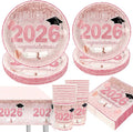 Pink Graduation Decorations Class of 2026, Pink Rose Gold Graduation Party Disposable Paper Plates Napkins Cups Tablecloth for 2026 Graduate Party Decorations Supplies Set, Serve 30