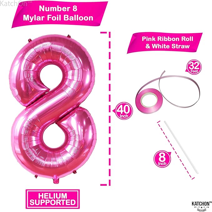 KatchOn, Giant Hot Pink 8 Balloon Number - 40 Inch | Hot Pink 8th Birthday Balloon for 8th Birthday Decorations | Number 8 balloon Birthday Party | Number Balloons for Anniversary Decorations