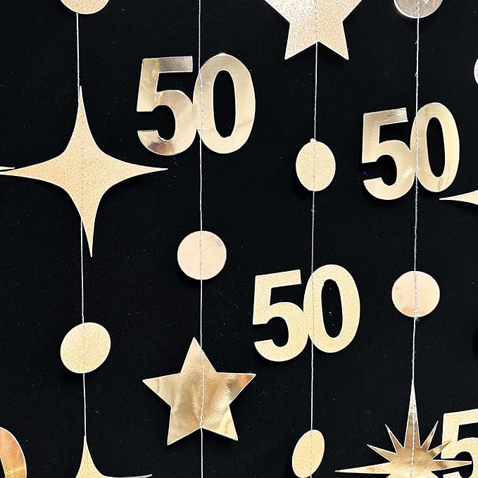 Champagne Gold 50th Birthday Decorations Number 50 Circle Dot Star Garland Metallic Streamer Banner for Women Mens Cheers to 50 Years Old Birthday Happy 50th Anniversary Vintage 1975 Party Supplies