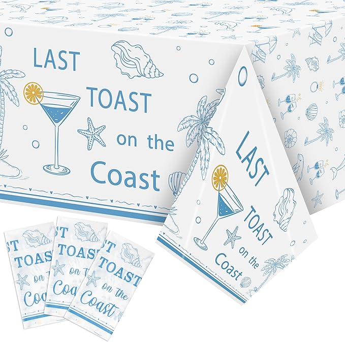 K1tpde 3PCS Last Toast On The Coast Bachelorette Party Tablecloth for Adult, Coastal Themed Blue Wine Cup Shell Starfish Plastic Tablecloth, Disposable Tablecover for Bridal Shower Summer Party Decor