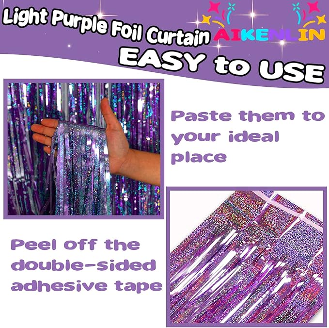 4 Pack 3.2Ft x 8.2Ft Light Purple Foil Fringe Curtain Backdrop, Metallic Tinsel Foil Fringe Streamers Curtains for Photo Booth, Birthday, Wedding, Disco, Halloween, Christmas Party Decoration