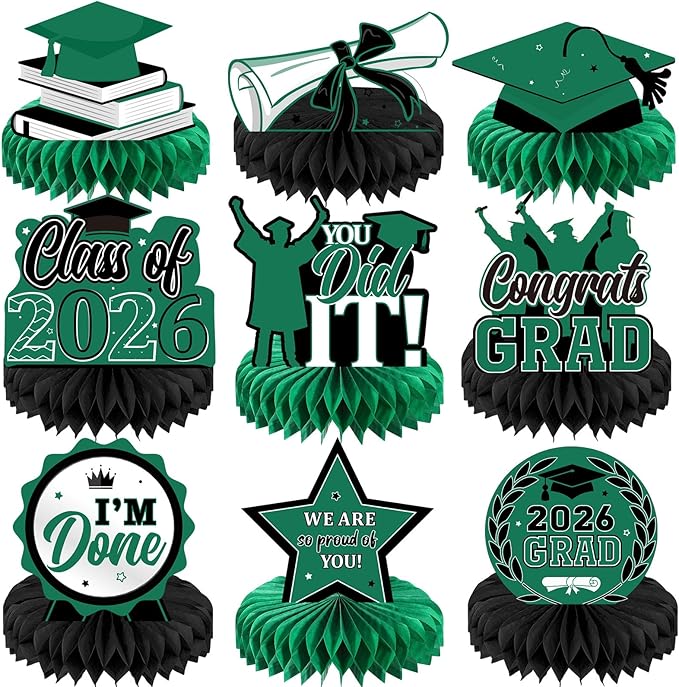 Yisong 9 Pieces 2026 Graduation Party Table Decorations Class of 2026 Congrats Graduation Centerpieces for Tables Congratulate Honeycomb Centerpiece Topper for Grad Party Supplies(Green)