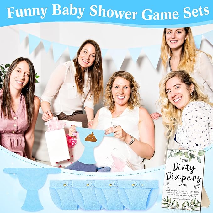 Roowest 51 Pcs Dirty Diaper Baby Shower Games Funny Wooden Sign with 50 Pcs Mini Diapers Cute Felt for Gender Reveal Party Baby Shower(Greenery Blue)