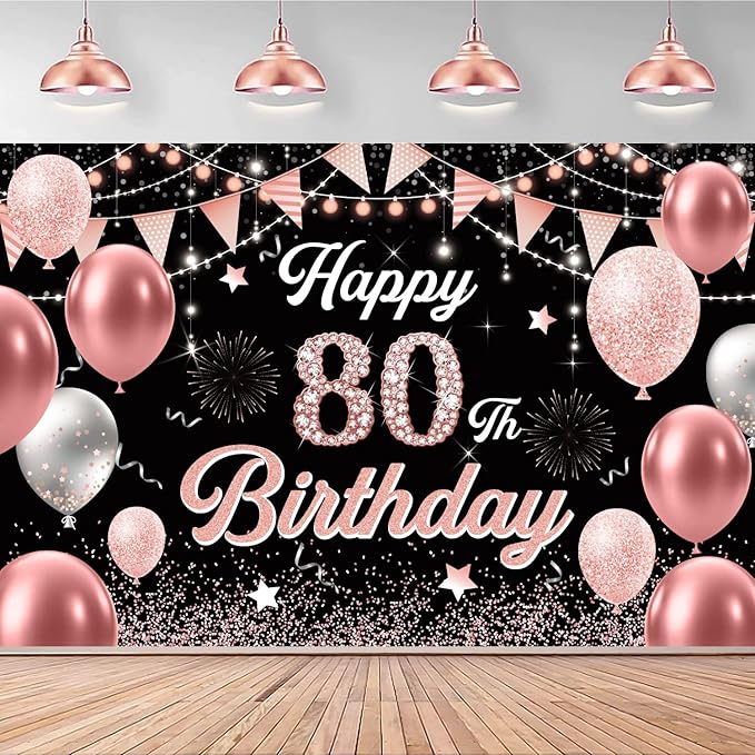 80th Birthday Decorations for Women - Happy 80th Birthday Banner Decorations Cheers to 80 Years Birthday Party Indoor and Outdoor Decoration Suppiles Pink Backdrop for 80th Birthday Party Favors Decor