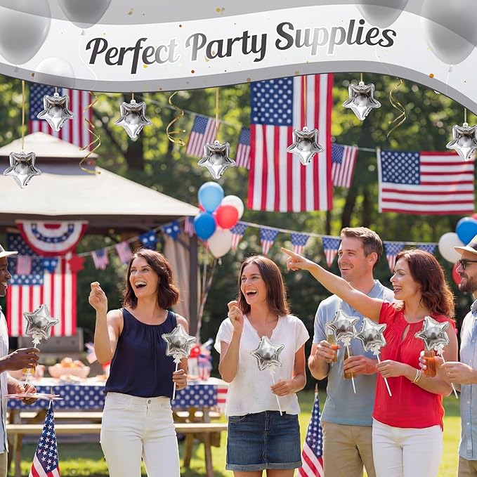 30 Pcs Star Self Inflatable Balloons with Bow Stems Star Foil Balloons Mini Pentagram Decoration for Patriotic Independence Day Graduation Birthday Baby Shower Anniversary(Silver,4 Inches)